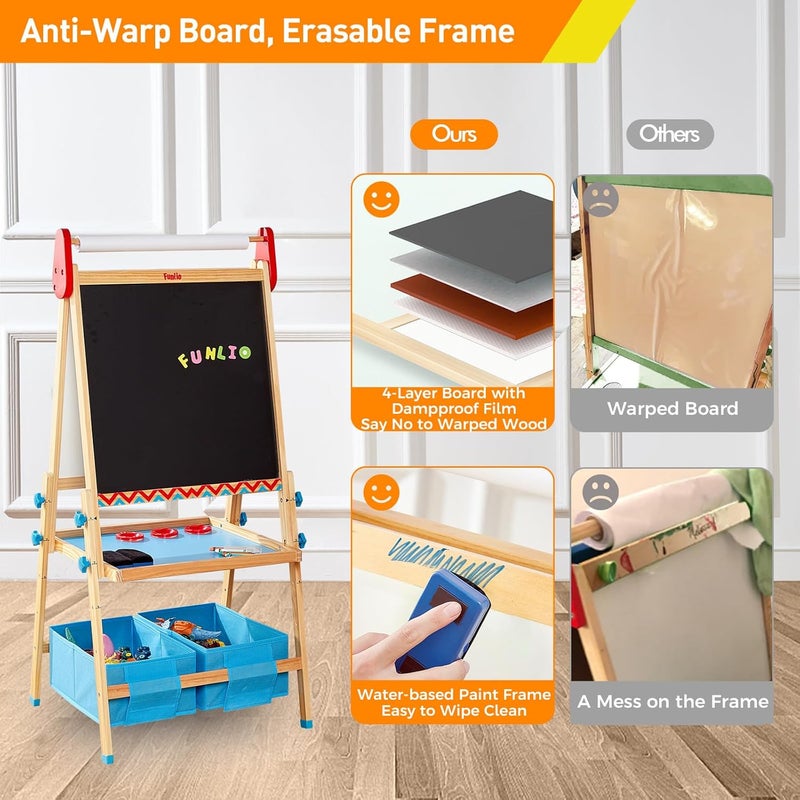 FUNLIO Anti-Warping Kids Art Easel, 3 Height Adjustable for Kids Aged 2-8, All-in-One Toddler Easel with Paper Roll & Erasable Frame, Standing Easel with Magnetic Chalkboard/Whiteboard (Blue) - Image 2